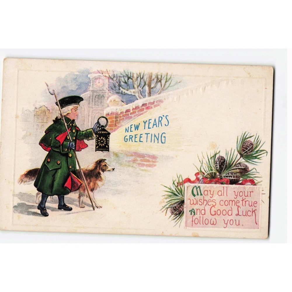 Antique New Year Greeting Postcard Embossed Man Lantern Dog Snow C321 USA